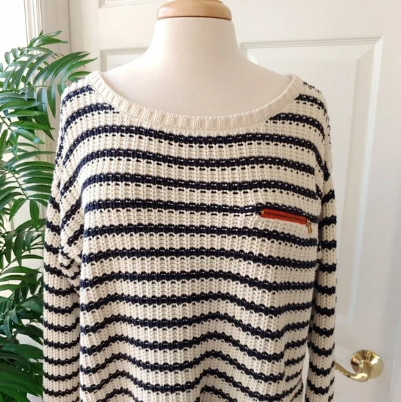 Tommy Hilfiger Chunky Knit Oversized Sweater Striped Black White Large - Picture 4 of 8